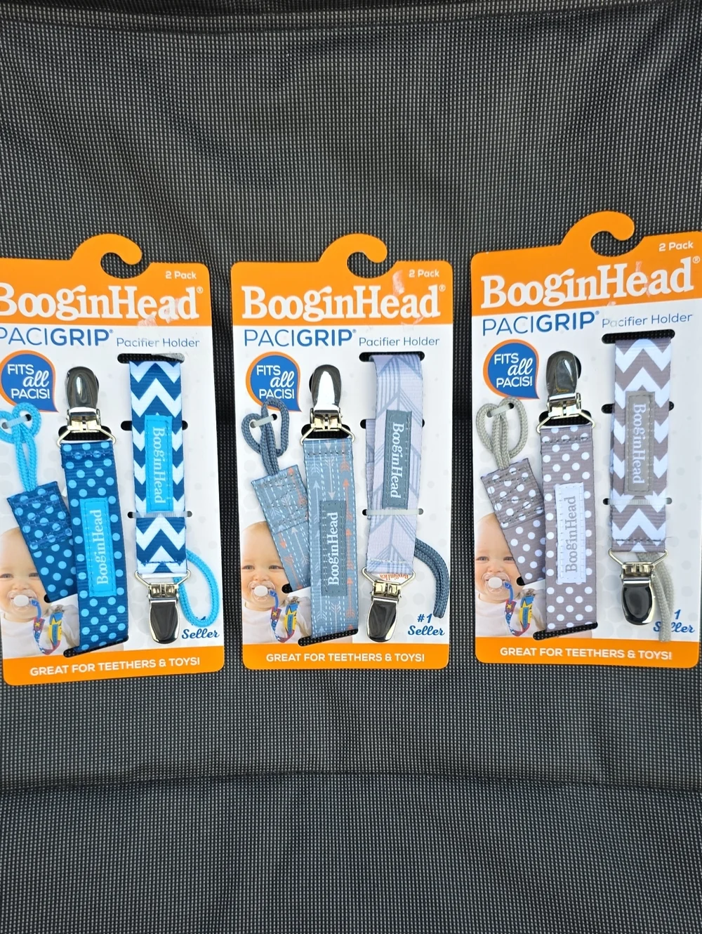 Booginhead PACIGRIP Pacifier Holder 3-Pack - Blue, Light Blue, Gray